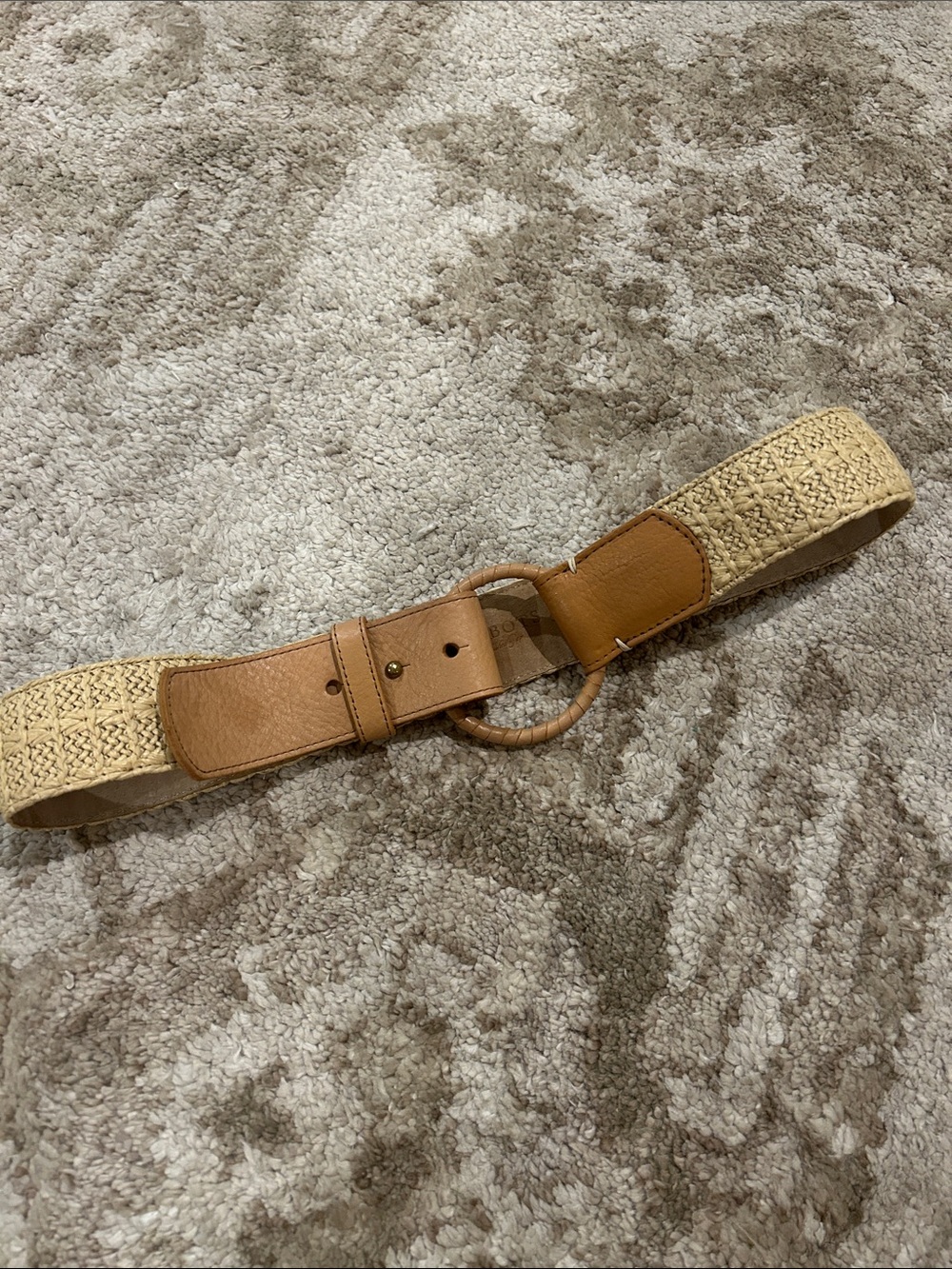 Talbots Tan and Cream Woven Straw Belt with Leather Trim